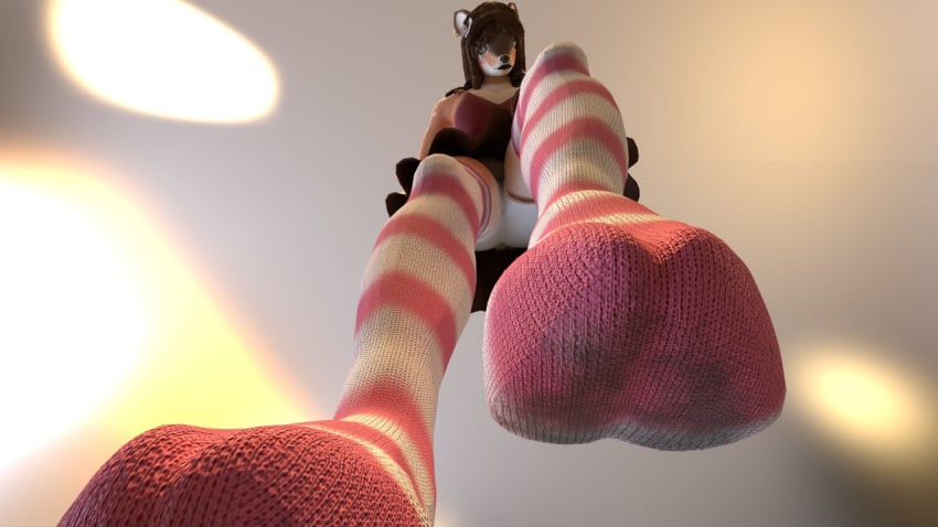 16:9 3d anthro bottomwear brown_hair cervid clothing dirty_socks female footwear hair legwear long_socks looking_at_viewer looking_down low-angle_view mammal pattern_clothing pattern_legwear pattern_socks skirt socks solo striped_clothing striped_legwear striped_socks stripes tan_body twoscale upskirt widescreen worm's-eye_view