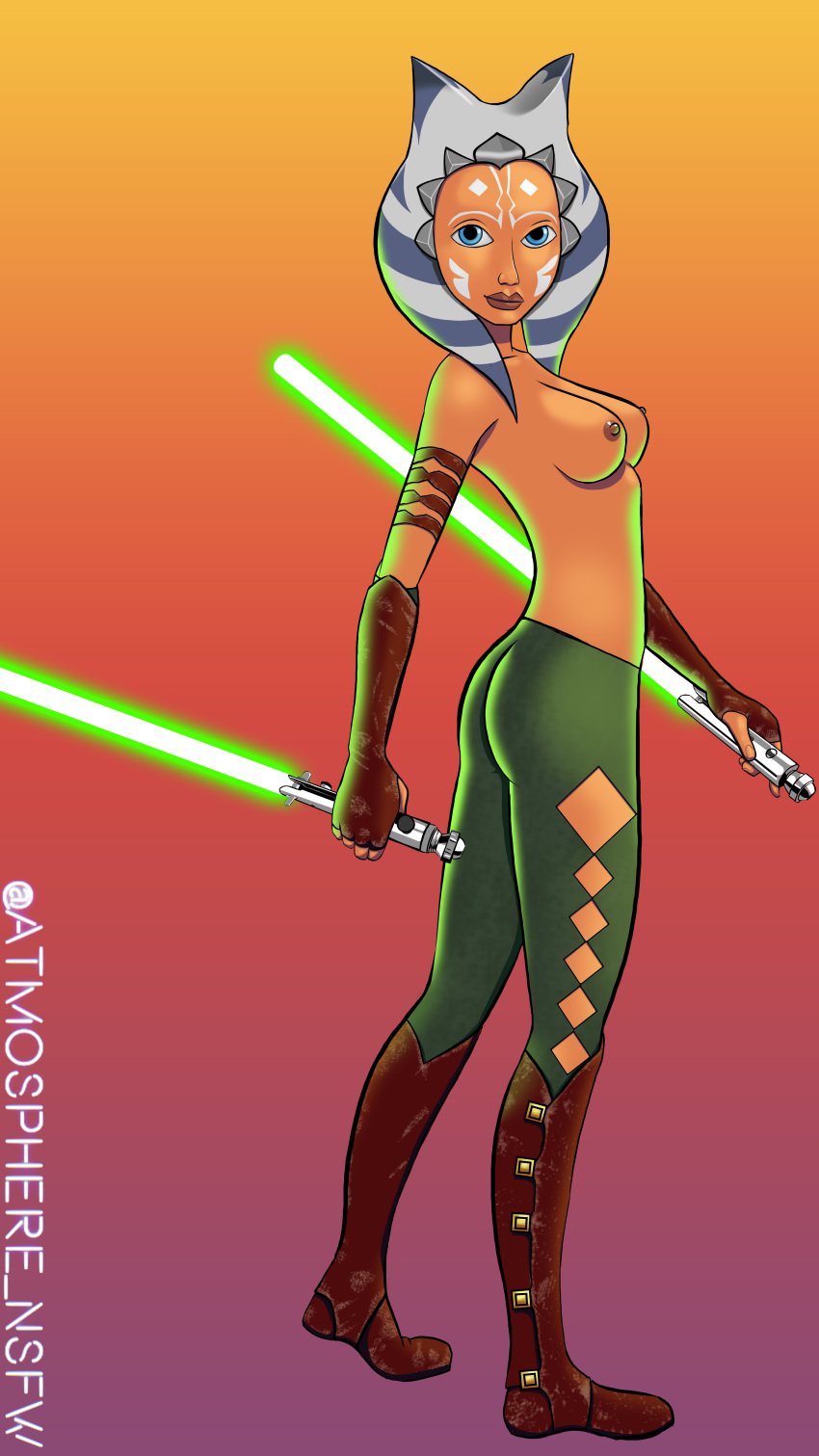 1girls ahsoka_tano armband boots breasts clone_wars clothed dual_wielding exposed_breasts female lightsaber nipples nude_female orange_skin pixzuri small_breasts smile smiling solo solo_female solo_focus star_wars text the_clone_wars:_season_four tights togruta topless