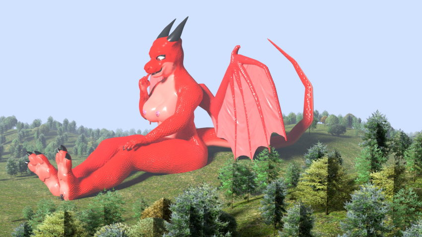 16:9 2018 3_toes 3d_(artwork) ambiguous_gender anthro black_claws blizz_braidy breasts claws countershading digital_media_(artwork) dragon duo female foot_rub grass hi_res kobold larger_female macro nipples non-mammal_breasts nude outside pink_wings purple_eyes red_body red_scales scales scalie shimmer_(westfire) size_difference smaller_ambiguous soles spread_wings toes tree twoscale western_dragon widescreen wings