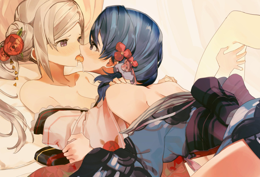 2girls bare_shoulders blue_eyes blush breasts byleth_(fire_emblem) byleth_(fire_emblem)_(female) edelgard_von_hresvelg fire_emblem fire_emblem:_three_houses flower highres japanese_clothes kimono long_hair looking_at_another meunhongcha multiple_girls nintendo open_mouth post-timeskip saliva short_hair side_ponytail smile tongue tongue_out white_hair yuri