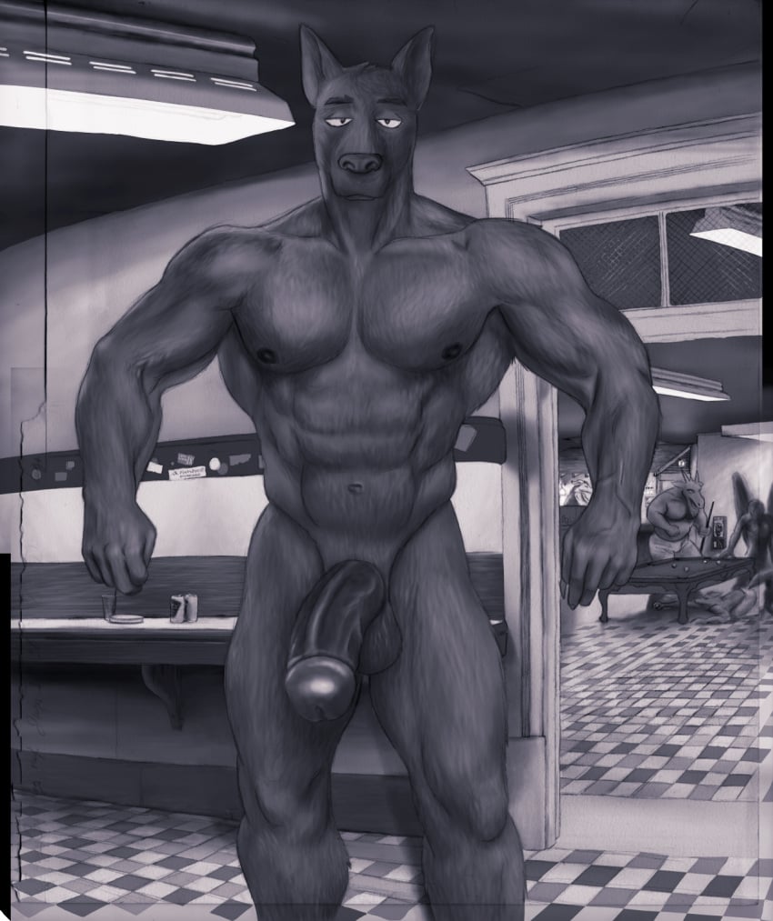 abs ahundred anthro bar biceps canid canine canis domestic_dog genitals great_dane hi_res male mammal mastiff molosser monochrome muscular muscular_anthro muscular_male muscular_thighs penis solo tiled_floor vein veiny_penis