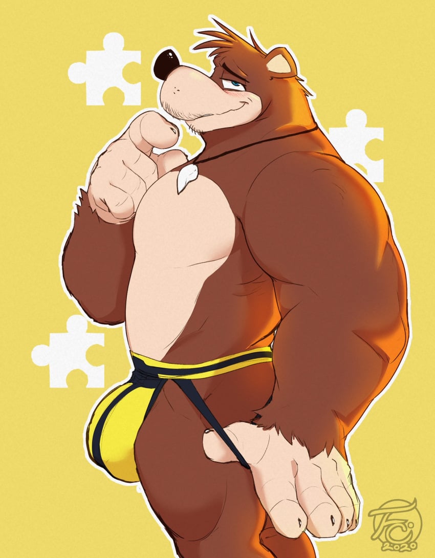 anthro banjo-kazooie banjo_(banjo-kazooie) bear blush blushing_at_viewer bonicfan123 brown_fur bulge eyes_half_open facial_hair flufflecraft furry furry_only gay half-closed_eyes jiggy jockstrap jockstrap_pull looking_at_viewer male male_focus male_only necklace puzzle_piece shark_tooth_necklace side_view smiling smiling_at_viewer solo underwear undressing