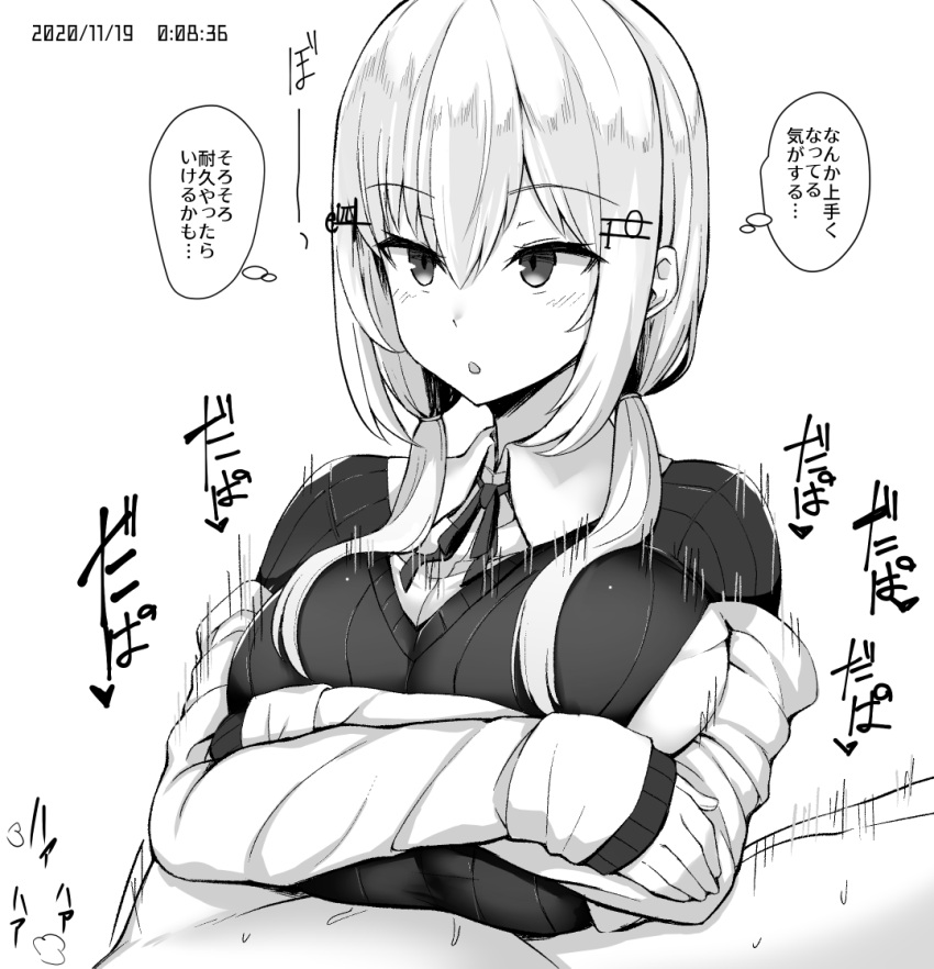 1boy 1girls big_breasts breasts censored dialogue female hakase_fuyuki huge_breasts japanese_text large_breasts male monochrome nijisanji noumu_(pixiv) paizuri paizuri_under_clothes straight text translation_request virtual_youtuber