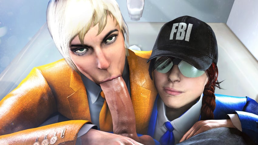 1boy 2girls 3d akatomasu ash_(rainbow_six) bathroom bathtub big_penis blonde_hair blowjob clothed clothing female formal formal_wear fully_clothed ginger green_eyes hand_on_thigh hat hi_res high_resolution kneeling light-skinned_female light_skin looking_at_viewer male necktie oral oral_penetration oral_sex penis pigtail rainbow_six rainbow_six_siege red_hair resting_on_arms shirt source_filmmaker suit sunglasses tie tinted_eyewear valkyrie_(rainbow_six)