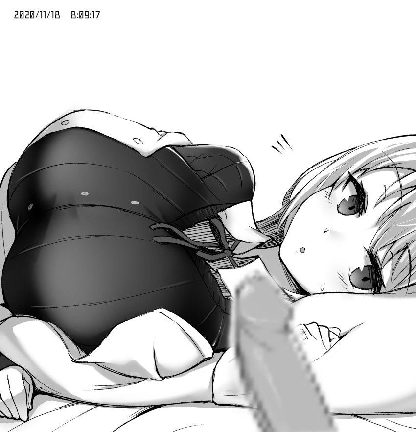 1boy 1girls bed censored depth_of_field erection female hakase_fuyuki huge_breasts lying male monochrome nijisanji noumu_(pixiv) penis penis_awe straight virtual_youtuber white_fur