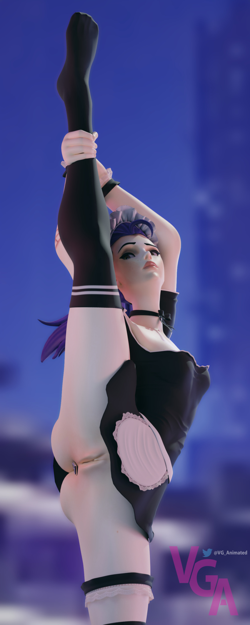 1girls 3d blizzard_entertainment breasts buttplug casual_nudity choker female female_only leg_lift looking_at_viewer maid maid_headdress maid_uniform mascara no_panties overwatch pale_skin pinup purple_hair pussy pussy_peek solo splits stockings thighhighs vertical_splits vganimated widowmaker