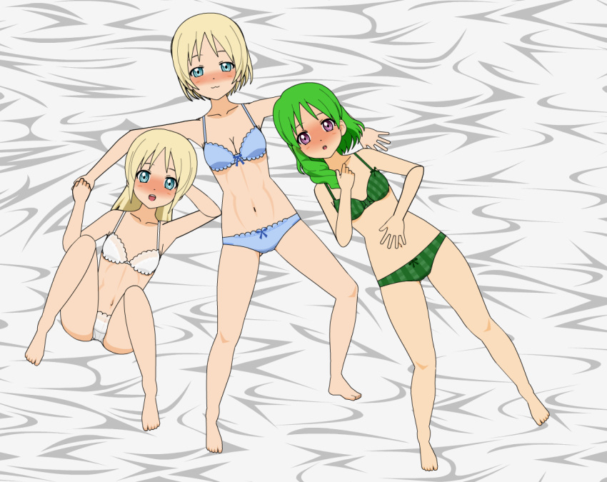 3girls blonde_hair blue_eyes crya flora_(heroes_emergence) frost_(heroes_emergence) green_hair kisekae multiple_girls pink_eyes sisters the_heroes_emergence underwear wattpad