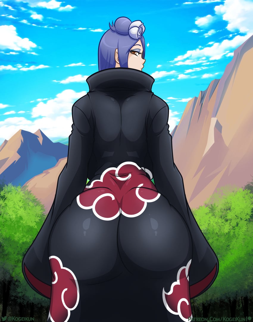 1girls akatsuki_(naruto) ass back_view backboob big_ass big_breasts blue_hair breasts cloak clothing dat_ass eyeshadow female female_only flower hair_ornament huge_ass kogeikun konan looking_at_viewer looking_back makeup naruto naruto_(series) naruto_shippuden orange_eyes outdoors side_bun thick_thighs tied_hair tight_clothing tight_dress