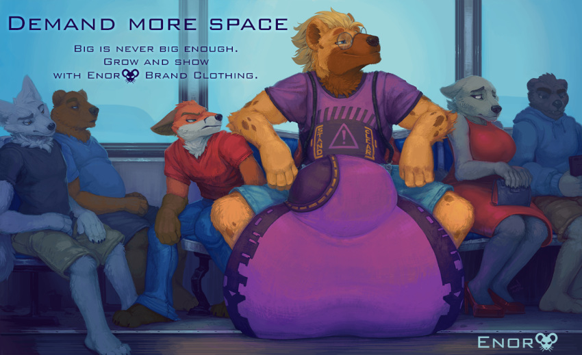 advertisement anthro balls big_balls big_bulge bulge canid canine canis clothing female feral fox furry genitals group huge_balls huge_bulge hyaenid hyper hyper_balls hyper_bulge hyper_genitalia male male_focus mammal no_humans nommz public_transportation text ursid wolf