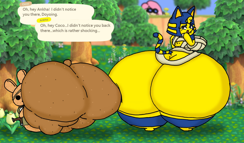 allstarman animal_crossing ankha anthro ass bandage blue_hair breasts bunny bunny_ears bunny_tail cat_ears cat_tail coco_(animal_crossing) english_text feline female female_focus female_only flowers furry gauze hips hyper_ass hyper_butt large_ass large_breast large_butt mummy_wrappings nintendo overweight overweight_female pink_hair rabbit rabbit_ears rabbit_tail sideboob text thick_thighs thighs trees villager_(animal_crossing) wide_hips yellow_fur