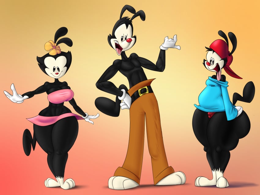 aged_up animaniacs anthro ass bella_warner big_penis black_body black_fur bulge clothed clothing dot_warner fat female flower fur genitals girly group half_naked hi_res inkblot male mammal penis sangelia sibling skirt smile thick_thighs tongue tongue_out wakko_warner warner_brothers wide_hips yakko_warner