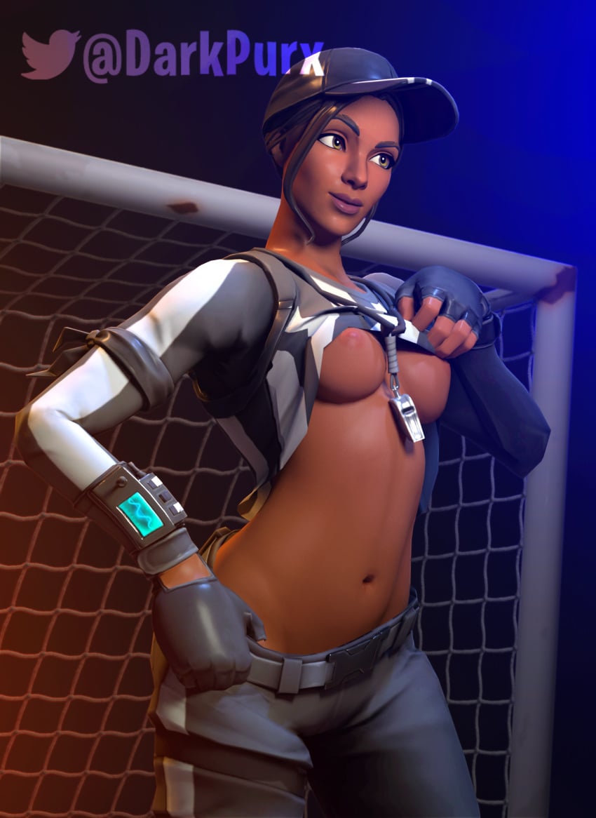 1girls 3d areolae breasts dark-skinned_female dark_skin darkbunxy female fortnite fully_clothed lifting_skirt no_bra no_panties nude pulling_down_pants shirt_lift tagme whistle_around_neck whistle_warrior