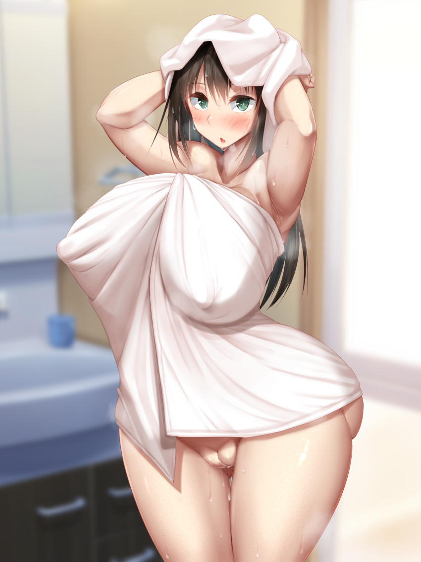 alternate_breast_size bathroom big_ass big_breasts black_hair blush cleft_of_venus fat_mons female green_eyes huge_breasts idolmaster idolmaster_cinderella_girls innie_pussy kawahagitei looking_at_viewer plump_labia puffy_pussy pussy shibuya_rin sweat tagme thick_thighs towel towel_on_head