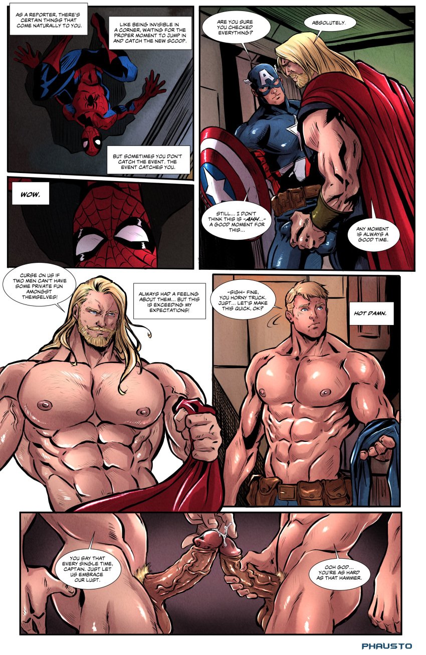 3boys abs ass avengers beard biceps blonde_hair blue_eyes captain_america captain_america's_shield captain_america_(series) curved_cock erection gay groping_crotch holding_penis human human_only light-skinned_male light_skin long_hair male male/male male_only marvel marvel_comics mature mature_male muscular pecs penis_size_difference penises_touching peter_parker phausto precum spider-man spider-man_(series) steve_rogers straight_hair thor_(marvel) thor_(series) uncut veiny_penis voyeur yaoi