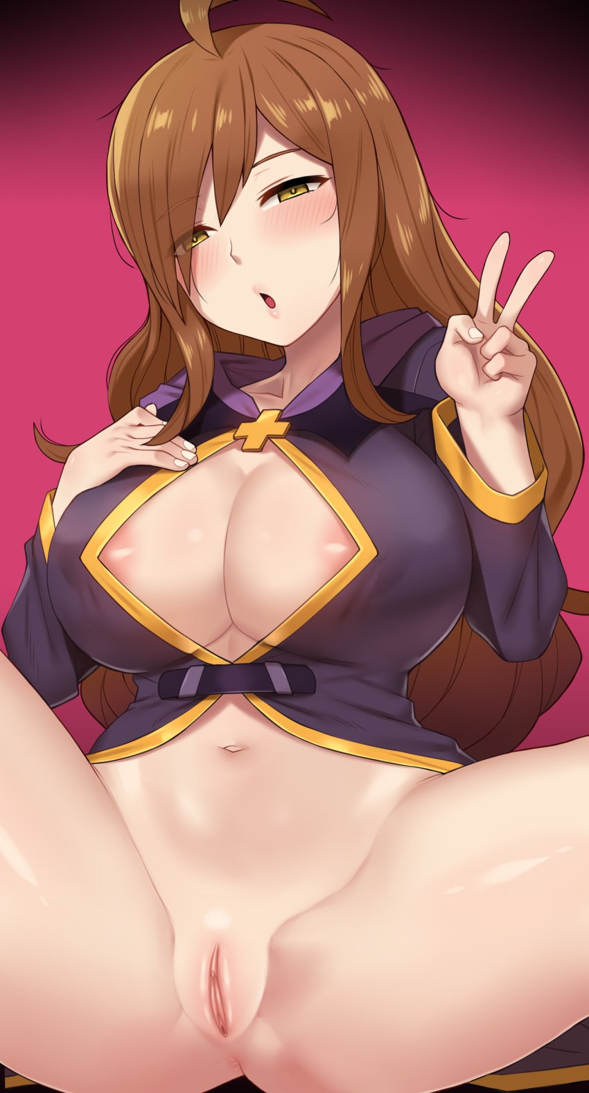 big_breasts brown_hair brunette kono_subarashii_sekai_ni_shukufuku_wo! mouth_open nt00 olive_eyes peace_sign pussy tagme uncensored vagina wiz_(konosuba)