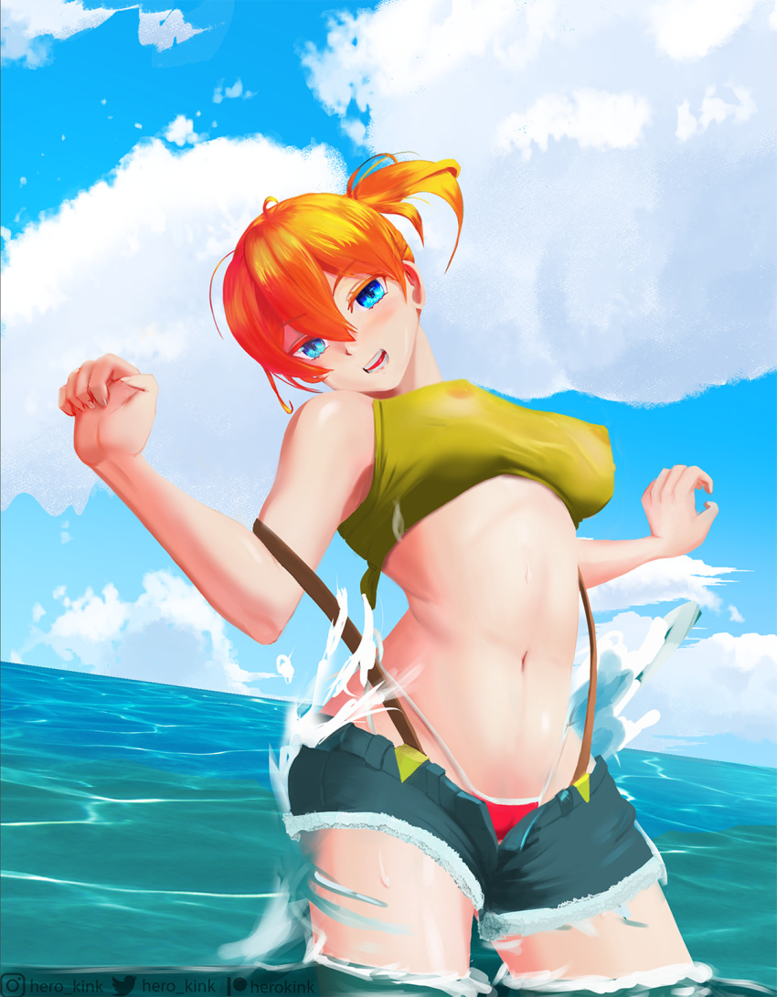 1girls blue_eyes breasts female female_only hero_kink kasumi_(pokemon) nipples orange_hair pokemon pokemon_rgby red_hair sea shorts solo suspenders