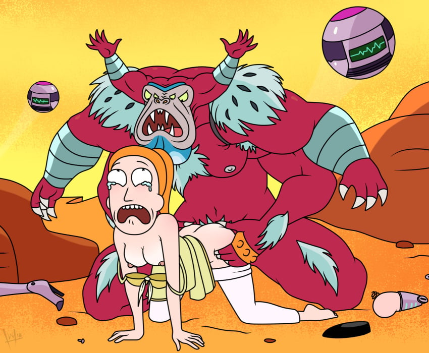 1boy 1girls accurate_art_style badbrains crying doggy_style erect_penis exposed_breasts female gazorpian gwendolyn_(rick_and_morty) interspecies looking_up male male/female male_focus monster nipples pants_down rape rick_and_morty summer_smith tagme