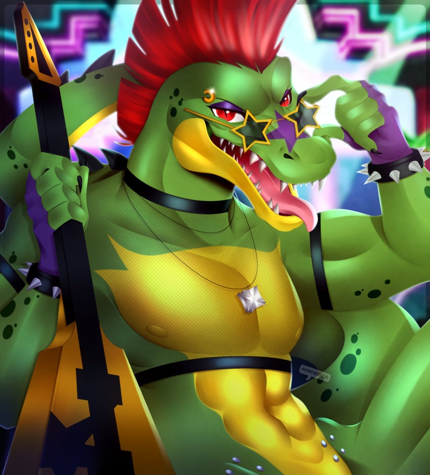 absurd_res alligator alligatorid amanddica anthro bracelet clothing crocodilian eyewear five_nights_at_freddy's five_nights_at_freddy's:_security_breach furry gloves green_body green_scales guitar hair handwear hi_res jewelry male male_only mesh_shirt mohawk_(hairstyle) montgomery_gator_(fnaf) musical_instrument piercing plucked_string_instrument red_eyes red_hair reptile scales scalie solo solo_male star_glasses string_instrument sunglasses video_games