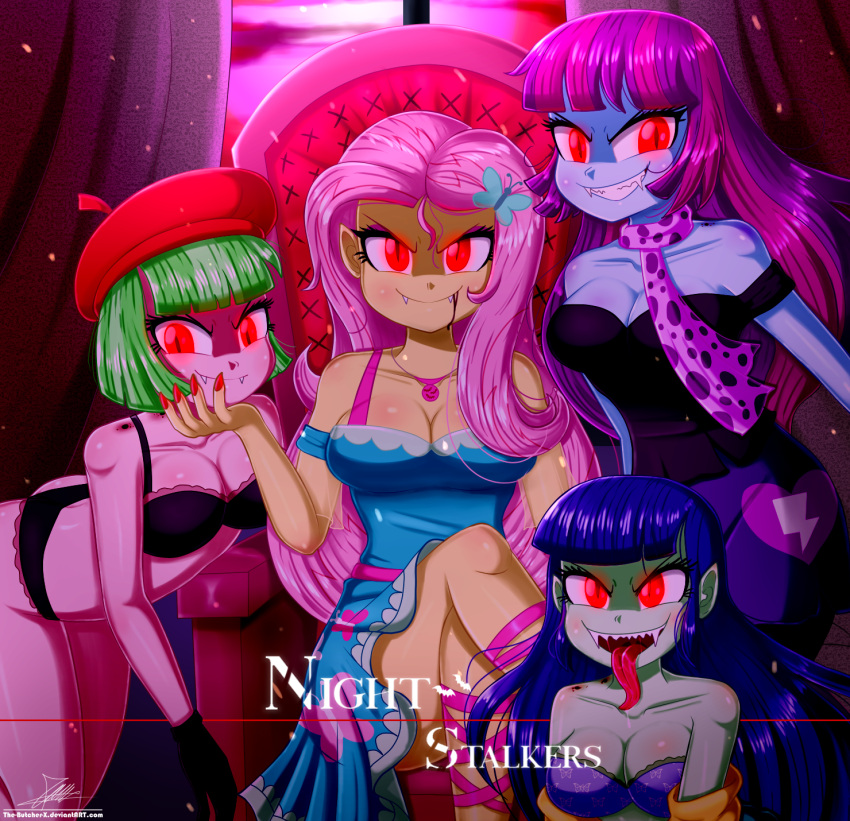 4girls barette beret bite_mark blood blood_on_mouth blue_hair blue_skin blueberry_cake_(eg) bra breasts cleavage creepy equestria_girls evil_grin fangs female flutterbat_(mlp) fluttershy_(eg) fluttershy_(mlp) friendship_is_magic glowing_eyes green_hair green_skin grin hair_on_head hairclip hasbro hat lingerie long_hair long_tongue looking_at_viewer messy_hair multiple_girls my_little_pony mystery_mint_(eg) panties pink_hair pink_skin purple_hair red_eyes sharp_teeth short_hair slit_pupils the-butch-x title title_page underwear vampire watermelody_(eg) yellow_skin