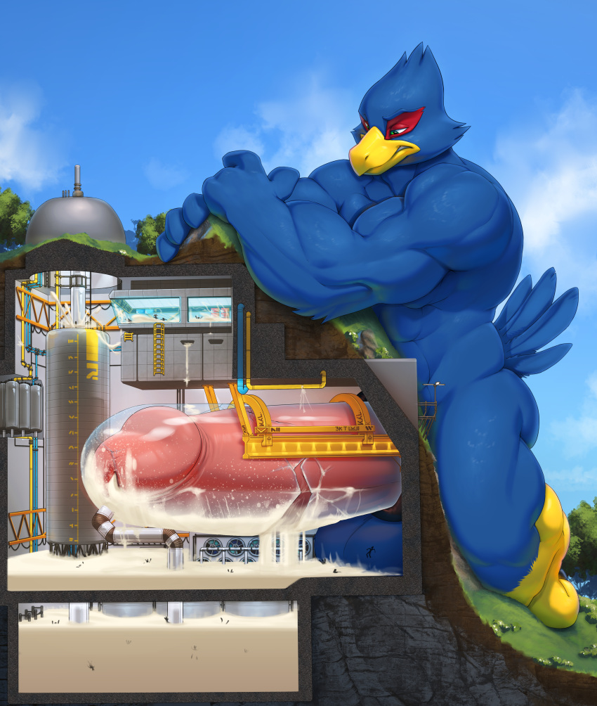 absurd_res anthro avian big_penis bird bodily_fluids cum cum_inside erection facility falco_lombardi flooding genital_fluids genitals hi_res internal machine macro male male_only milking_machine mountain muscular muscular_anthro muscular_male nintendo nitrosimi96 penetration penile penis penis_milking solo star_fox tunnel video_games