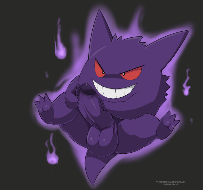 2023 anthro artist_name balls big_penis digital_drawing_(artwork) digital_media_(artwork) erection feet generation_1_pokemon gengar genitals hi_res humanoid_genitalia humanoid_penis male male_only mammal nintendo penis penis_grab pokemon pokemon_(species) purple_body red_eyes simple_background smile solo spunkerart tail text url