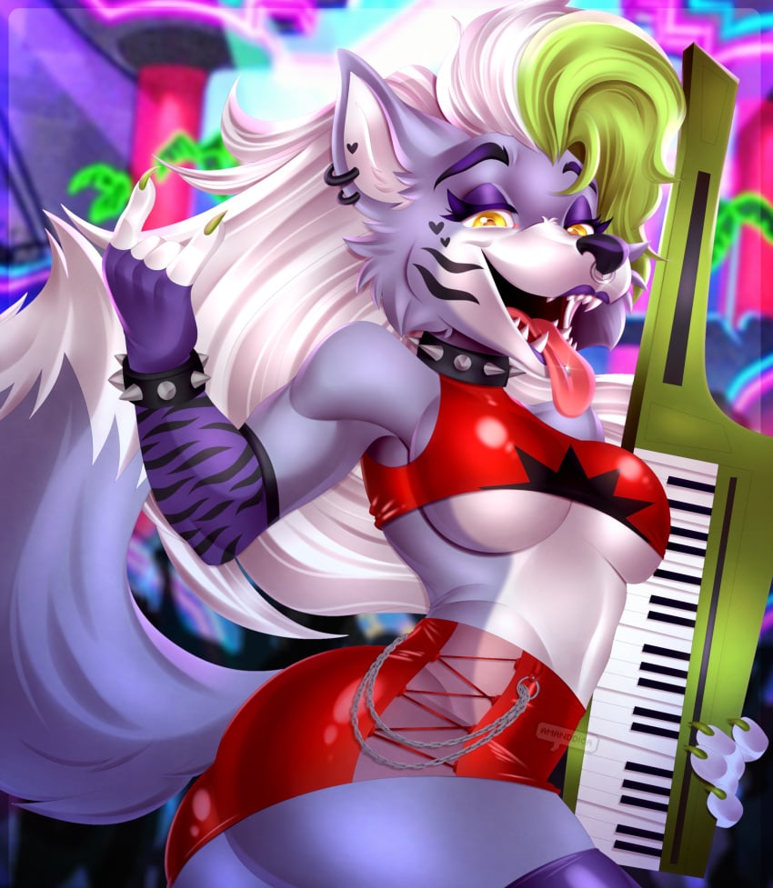 absurdres amanddica anthro ass bracelet breasts canid canine canis collar ear_piercing ear_ring facial_piercing female five_nights_at_freddy's five_nights_at_freddy's:_security_breach fur furry gloves green_hair handwear highres jewelry keyboard_instrument mammal musical_instrument nose_piercing nose_ring piano piercing purple_body purple_fur roxanne_wolf_(fnaf) sharp_teeth steel_wool_studios teeth tongue tongue_out tongue_piercing underboob white_hair wolf yellow_eyes