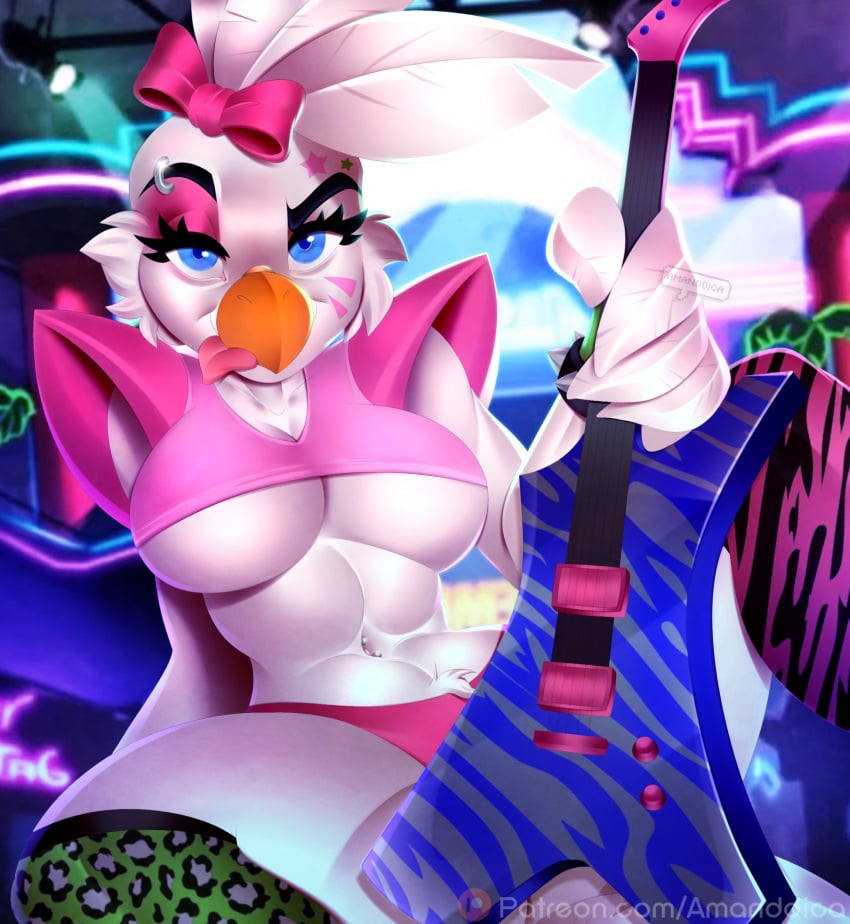 absurd_res accessory amanddica anthro avian big_breasts bird blue_eyes bodypaint breasts chicken clothing face_paint feathers female five_nights_at_freddy's five_nights_at_freddy's:_security_breach galliform gallus_(genus) glamrock_chica_(fnaf) guitar hair_accessory hair_ribbon hairbow hi_res legwear musical_instrument phasianid piercing plucked_string_instrument ribbons solo stockings string_instrument under_boob video_games white_body white_feathers