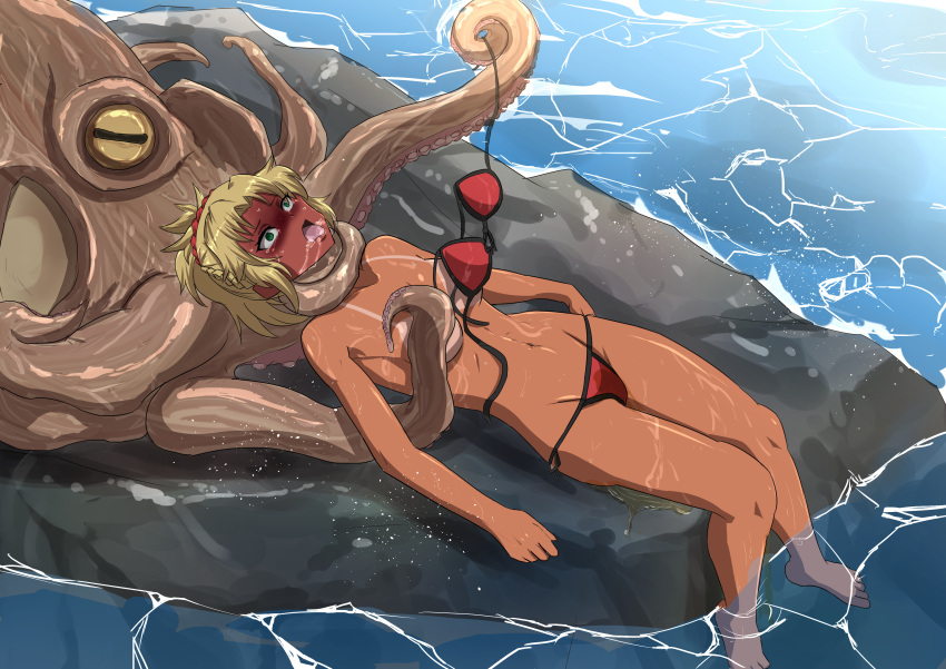 1girls asphyxiation bikini bikini_top_removed blonde_hair death drooling fate/grand_order fate_(series) female_death full_body green_eyes k_s long_hair mordred_(fate) mordred_(swimsuit_rider) navel octopus on_back open_mouth peeing ponytail red_bikini ryona saliva snuff strangling stripped_by_tentacles swimsuit tanline tanlines tentacle tentacle_around_neck tentacle_monster tentacle_restraint water