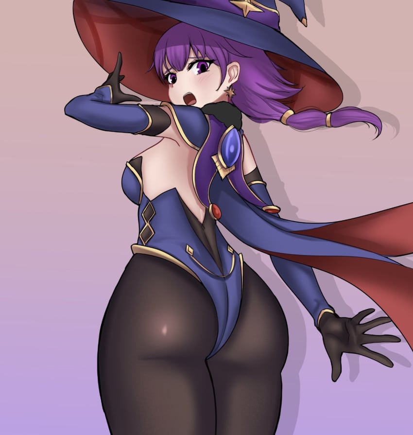 alternate_costume ass back_view big_ass cape cosplay crossover fire_emblem fire_emblem:_the_sacred_stones genshin_impact jaxartdump large_ass looking_back lute_(fire_emblem) mona_(genshin_impact)_(cosplay) nintendo purple_eyes purple_hair wide_hips witch_hat