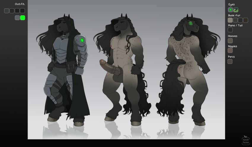 1boy 2020 abs absurd_res anthro apple-faced armor ass backsack balls big_penis bionic_eye black_hair clothed clothing digital_media_(artwork) english_text equid equine erection genitals green_eyes grey_body hair hi_res hooves horse long_hair male male_only mammal model_sheet multiple_versions muscular muscular_anthro muscular_male navel nude penis reflection solo standing text