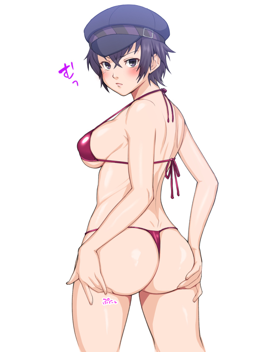 ass bikini blue_hair blush dat_ass female from_behind gokuto-kun_(imakiyo) hat huge_ass large_breasts looking_at_viewer persona persona_4 shirogane_naoto short_hair sideboob skimpy_clothes thong tomboy