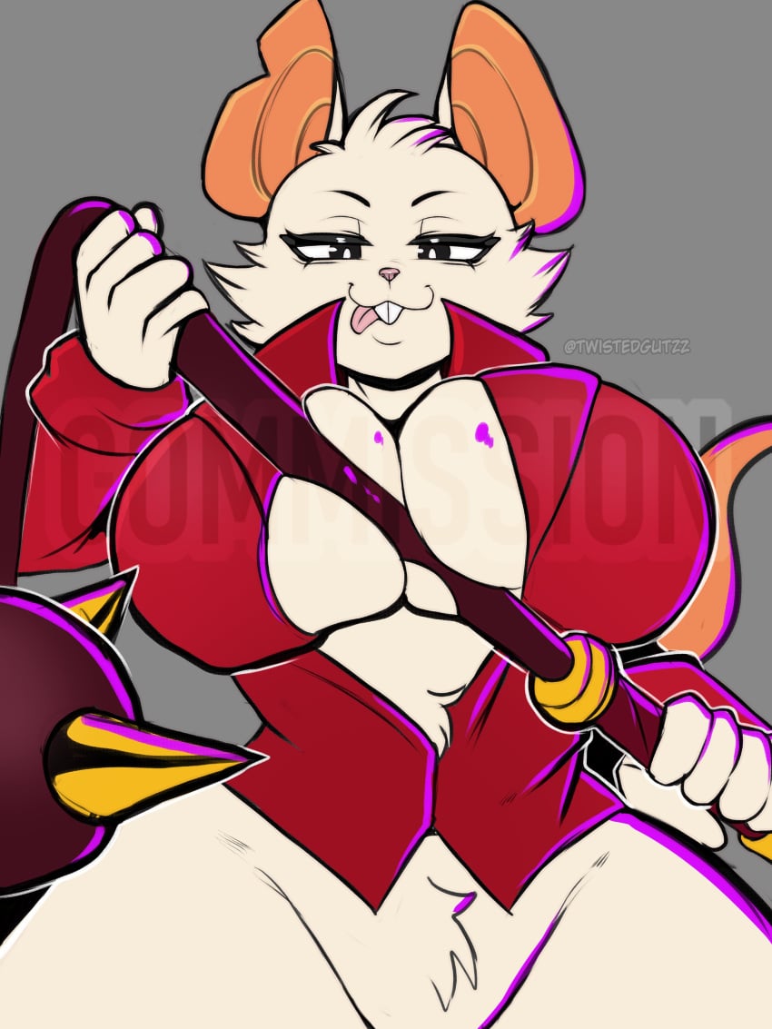 3:4 absurd_res anthro bedroom_eyes big_breasts bite black_ears breasts buckteeth cleavage clothed clothing female flail fur hi_res holding_object holding_weapon huge_breasts jacket mammal melee_weapon mina_(mina_the_hollower) mina_the_hollower murid murine narrowed_eyes naughty_face raised_tail rat red_clothing red_jacket red_topwear rodent seductive solo tail teeth tongue tongue_bite tongue_out topwear twistedgutzz weapon white_body white_fur wide_hips yacht_club_games