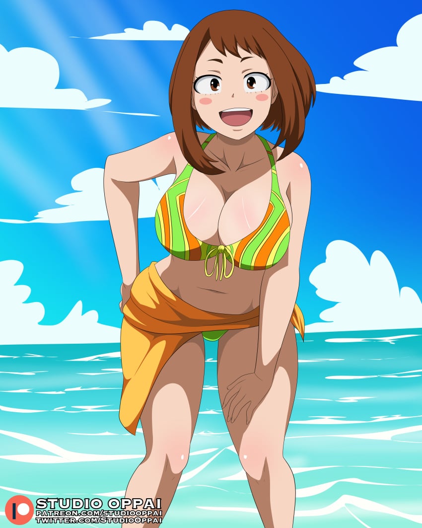 1girls bangs beach bent_over big_breasts bikini blush blush_stickers breasts brown_eyes brown_hair busty collarbone cute cute_but_busty female female_only fully_clothed hand_on_thigh large_breasts leaning_forward long_hair looking_at_viewer my_hero_academia ocean ochako_uraraka open_mouth outdoors posing revealing_clothes shounen_jump skirt smile solo standing studio_oppai sunlight swimsuit upper_teeth water wide_hips wrapped