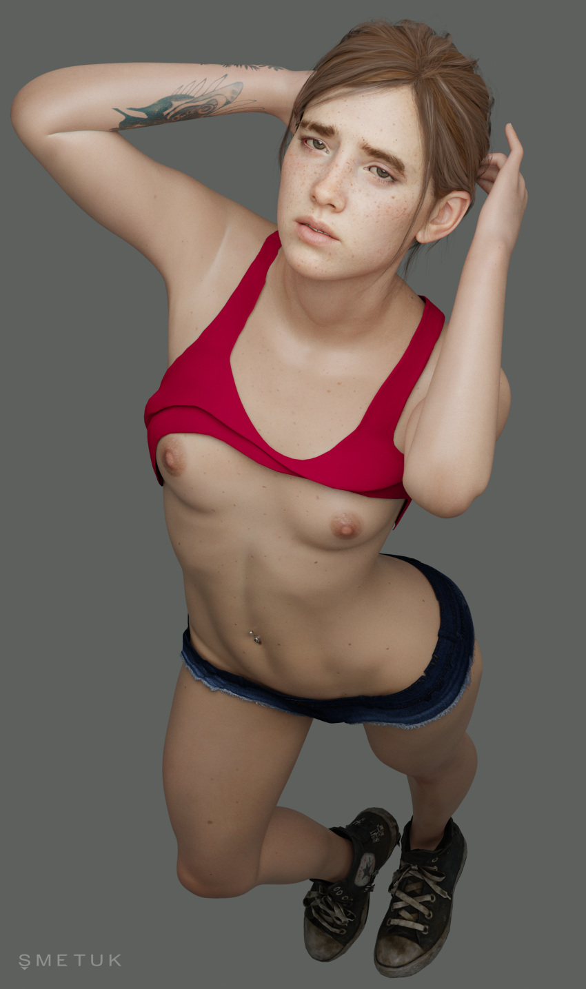 1girls 3d blender brown_hair cute ellie_(the_last_of_us) ellie_williams female female_only freckles naughty_dog navel_piercing piercing skinny slim small_breasts smetuk smetuki solo the_last_of_us the_last_of_us_2 topwear