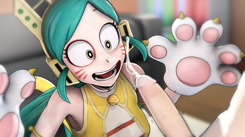 1boy 1girls 3d cat_ears clothed_female_nude_male cum cum_on_face ejaculation facial female greatm8 green_hair hero_outfit_(mha) izuku_midoriya looking_at_penis my_hero_academia open_mouth penis penis_awe ragdoll_(my_hero_academia) teal_hair tomoko_shiretoko wild_wild_pussycats