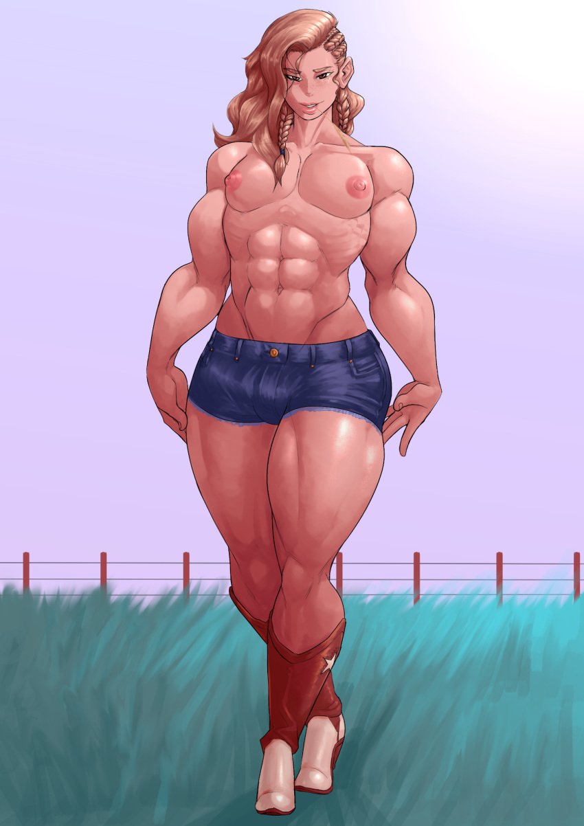 1boy abs ambush_(trap) axred7 blonde_hair femboy girly looking_at_viewer male male_only muscular muscular_male muscular_trap nipples pecs solo stephenie_thorne trap