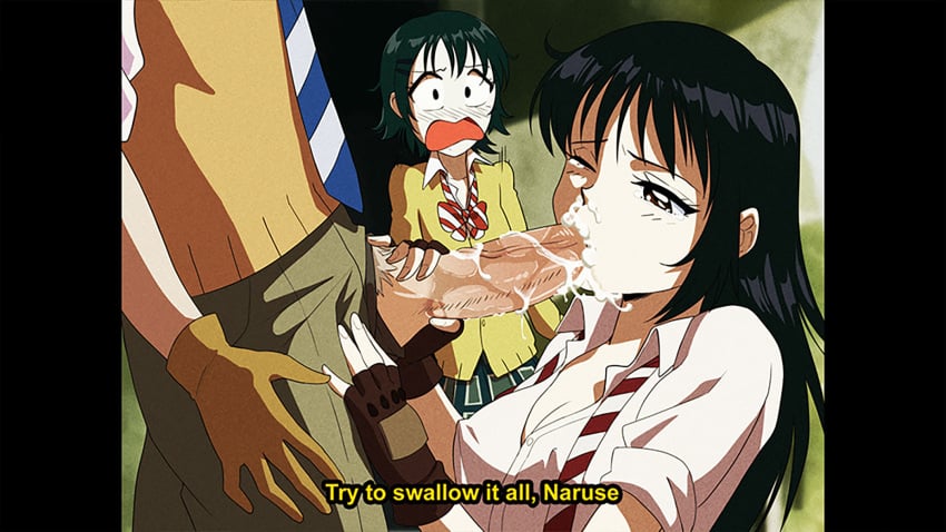 1boy 2girls alternate_version_available black_hair blowjob brown_eyes caught caught_in_the_act cleavage clothed coppelion cum cum_in_mouth cum_in_nose dialogue dirtyero_(artist) erect_nipples faceless_male fake_screenshot fellatio female female_focus fingerless_gloves fukasaku_aoi green_hair hand_on_penis kurosawa_haruto large_penis long_hair male naruse_ibara necktie nipples_visible_through_clothing one_eye_closed open_mouth oral penis pillarbox retro_artstyle straight subtitled surprised tears text vhs_filter walk-in