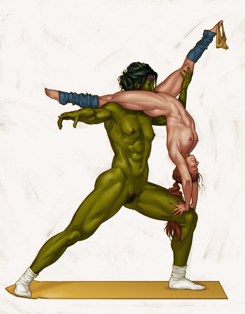 2020 2girls abs acrobatic alternate_version_available athletic_female avengers breasts clothed cunnilingus dima_ivanov female female_only flexible green-skinned_female green_skin gymnastics headband hulk_(series) larger_female legs legwarmers light-skinned_female light_skin marvel marvel_comics multiple_girls muscular_female muscular_thighs naked naked_female nipples panties_around_foot patsy_walker ponytail pubic_hair she-hulk size_difference small_breasts smaller_female socks thighs tied_hair workout_clothes yoga yoga_mat yoga_pose yuri