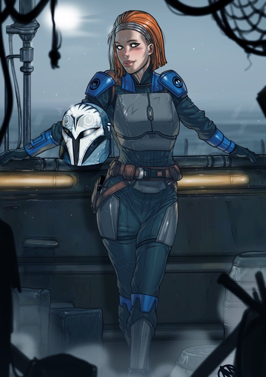 1girls 5_fingers armor background barrel belt blue_clothing blue_headwear blue_helmet blush bo-katan_kryze boat body_armor bodysuit chestplate clothed clothed_female clothes clothing detailed_background embarrassed eyes female female_focus female_only fog full_body fully_clothed ganassa gloves hairband headgear helmet helmet_removed helmet_with_visor highres holster holstered_weapon human human_only legs_together light-skinned_female light_skin mandalorian mandalorian_armor open_eyes orange_hair pale_skin pose railing red_hair shin_guards short_hair shoulder_pads solo spread_arms standing star_wars the_mandalorian vambraces vehicle