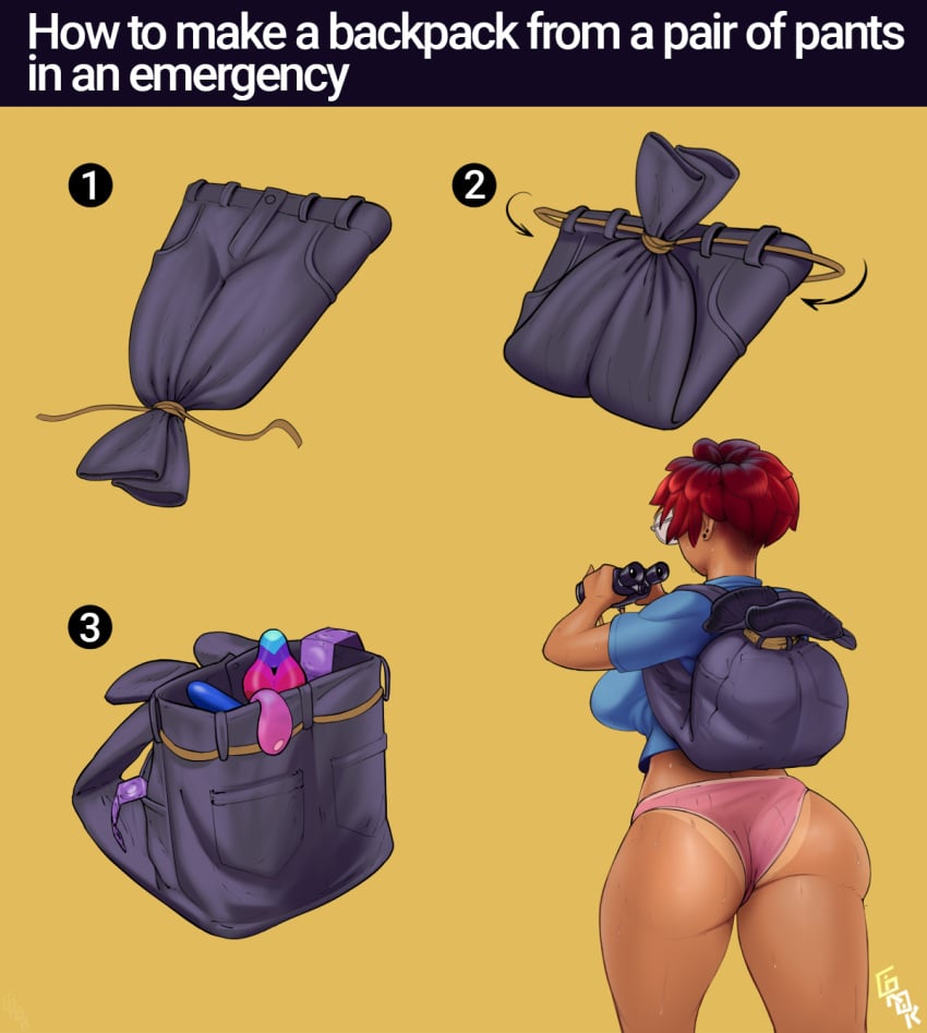 ass backpack bag big_ass binoculars clothing dildo female girok human life_hack panties pants red_hair swear tagme thick_thighs tutorial yellow_background