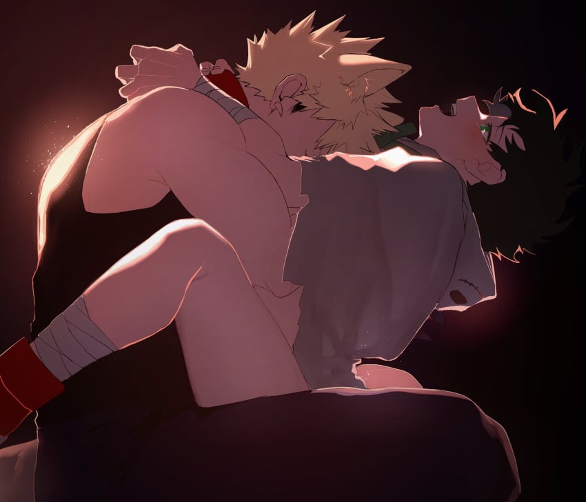 2boys anal anal_sex blonde_hair cowgirl_position femboy gay ghost goodbye_glory green_eyes green_hair halloween_costume izuku_midoriya katsuki_bakugou male/male my_hero_academia red_eyes wolf_ears yaoi