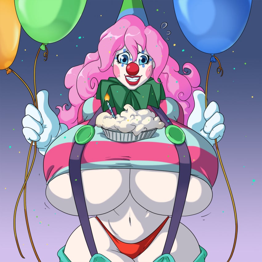 balloons bimbo birthday_cake birthday_candle blue_eyes bouncing_breasts cake clown clown_collar clown_girl clown_makeup clown_nose confetti embarrassed exposed_midriff fanart female hair_between_eyes hat holding_balloon huge_breasts implied_transformation lemonfont long_hair nervous_smile nickels_(lemonfont) object_between_breasts pink_hair post_transformation red_lips red_panties spiralingstaircase striped_clothes suspenders sweat tight_shirt underboob white_gloves wide_hips