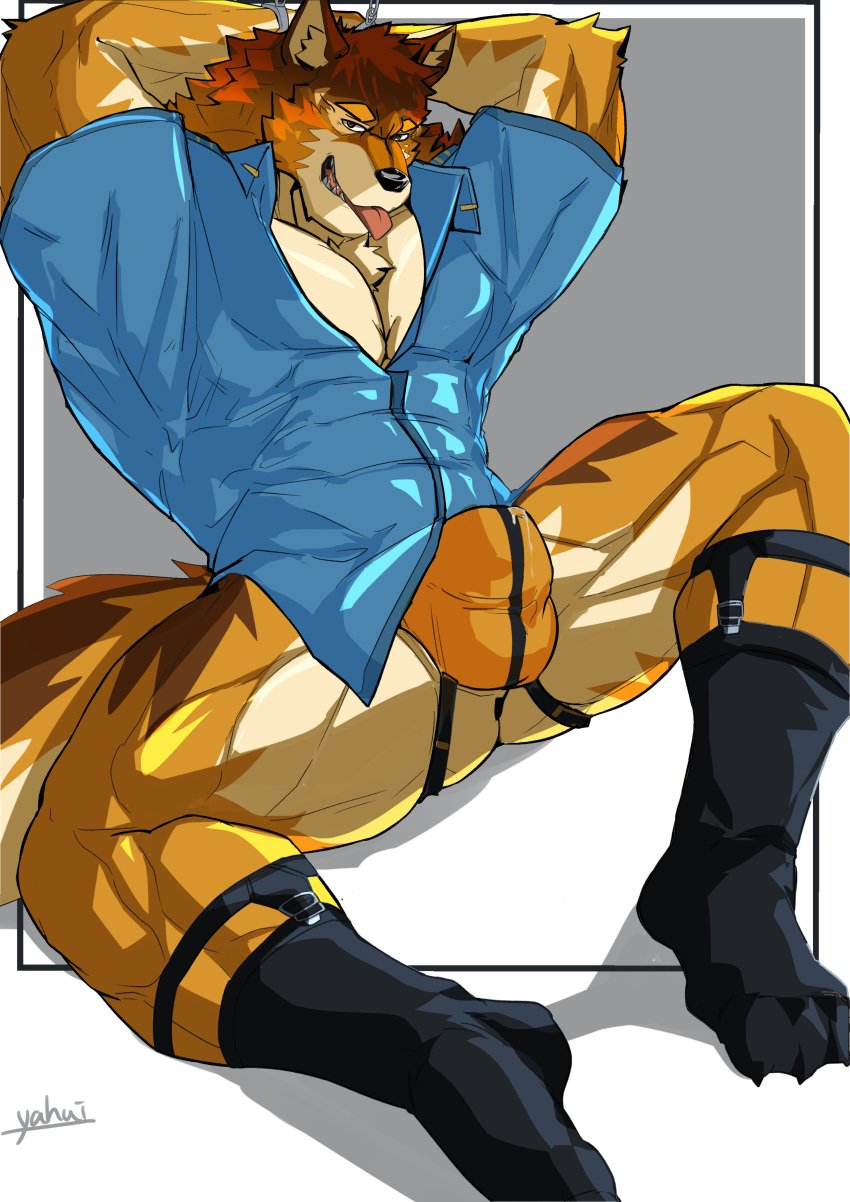 1boy absurd_res anthro asiahao520 ass barrel_(live_a_hero) bulge canid canine canis clothed clothing footwear furry_only hands_behind_head hi_res jockstrap live-a-hero male male_only mammal muscular muscular_anthro muscular_male open_clothing open_shirt open_topwear orange_underwear pecs shirt socks solo tongue topwear underwear wolf