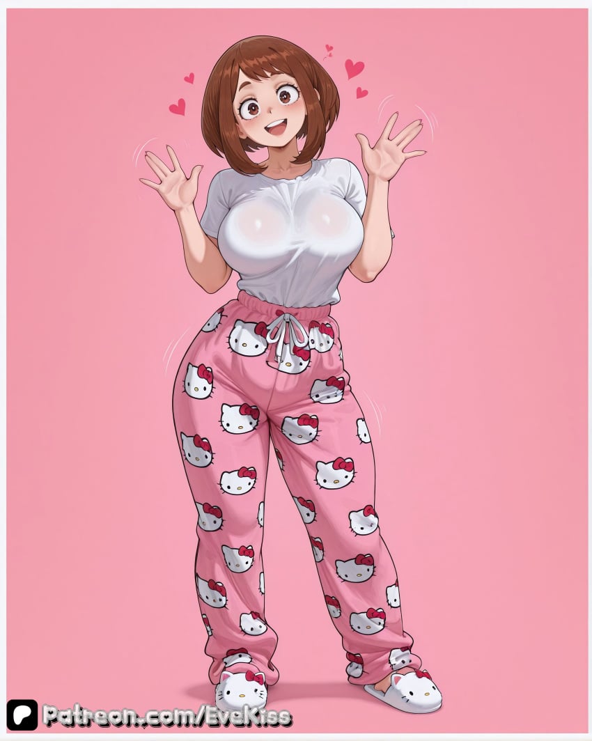 1girl 1girls ai_generated bob_cut boku_no_hero_academia breasts breasts, brown-haired_female brown_eyes brown_hair camel_toe cameltoe cleavage clothed clothed_female curvy curvy_figure evekiss female female_focus female_only focus fringe fully_clothed hello_kitty hello_kitty_(series) large_breasts my_hero_academia nipples nipples_covered nipples_visible_through_clothing ochaco_uraraka pajamas pants pussy sfw solo solo_female solo_focus teeth thick_thighs thighs tight_clothes tight_clothing tight_fit tights uncensored uraraka_ochako wide_hips