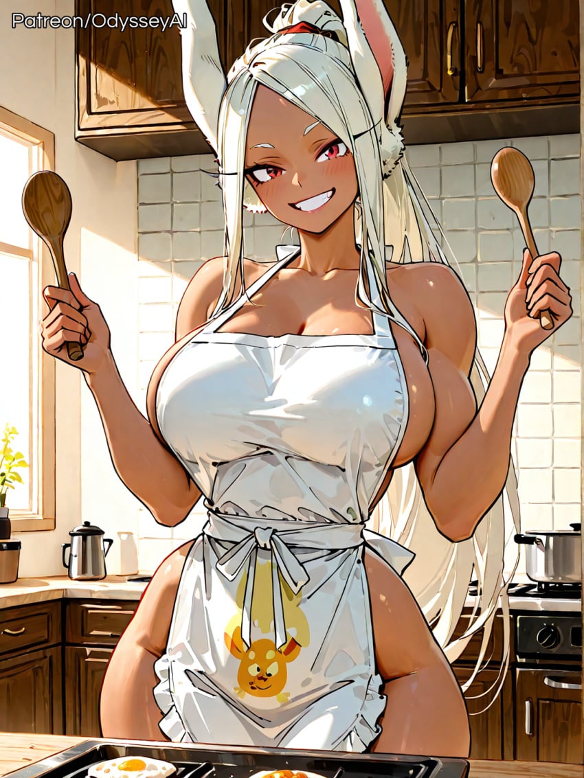 1girl 1girls ai_generated alternate_breast_size animal_ears animal_print apron artist_name ass bare_arms bare_shoulders big_ass big_breasts blush blush_lines blushing blushing_at_viewer boku_no_hero_academia breasts breasts_bigger_than_head bubble_ass bubble_butt carrot cleavage closed_mouth clothed clothed_female collarbone cooking cowboy_shot crescent_print curvaceous curvaceous_body curvaceous_female curvaceous_figure curves curvy curvy_body curvy_female curvy_figure curvy_hips dark-skinned_female dark_skin egg egg_(food) female female_focus female_only food fried_egg frilled_apron from_front front_view frying_pan fully_clothed grin hands_up high_ponytail holding holding_spoon hourglass_figure huge_ass huge_breasts huge_butt impossible_clothes indoors kitchen ladle large_ass large_breasts long_eyelashes long_hair looking_at_viewer mirko miruko my_hero_academia naked_apron narrow_waist odysseyai parted_bangs parted_lips patreon_username ponytail potted_plant rabbit_ears rabbit_girl rabbit_print red_eyes refrigerator rumi_usagiyama scrunchie shamoji shiny_skin sideboob smile solo solo_female solo_focus spoon standing stove taut_clothes teeth thick thick_ass thick_thighs thighs thin_waist tight_clothes toned very_long_hair web_address white_apron white_hair wide_ass wide_hips window