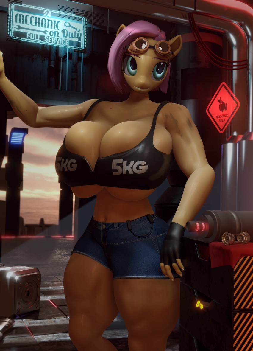 2020 3d absurd_res anthro anthrofied big_breasts blue_eyes bottomwear breast_squish breasts bursting_breasts cd_projekt_red cleavage cleavage_overflow clothed clothing crossover cybernetics cyberpunk cyberpunk_(series) cyberpunk_2077 denim_shorts equid equine essentiallypony eyebrows eyewear female fingerless_gloves fluttershy_(mlp) friendship_is_magic gloves goggles goggles_on_head hair halter_top handwear hasbro hi_res huge_breasts mammal midriff moreuselesssource muscular muscular_anthro muscular_arms muscular_female muscular_legs muscular_thighs my_little_pony neon_sign overflowing_breasts pink_eyebrows pink_hair short_hair shorts sign smile solo straight_hair street_light thick_thighs wide_hips