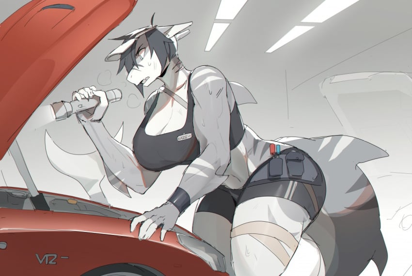 anthro big_breasts big_thighs breasts car flashlight furry gym_uniform kaze_(notglacier) mechanic muscular muscular_female notglacier shark solo tail thighs