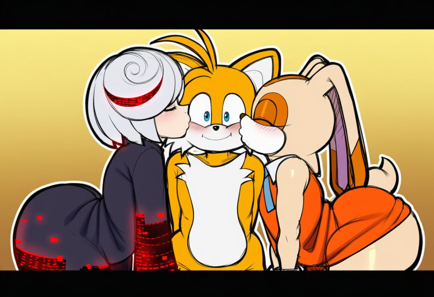 2girls ai_generated ass big_ass big_butt booty butt cream_the_rabbit kissing kissing_cheek miles_prower miles_tails_prower sage_(sonic) sage_(sonic_frontiers) shortstack sonic_(series) sonic_the_hedgehog_(series) tails_the_fox
