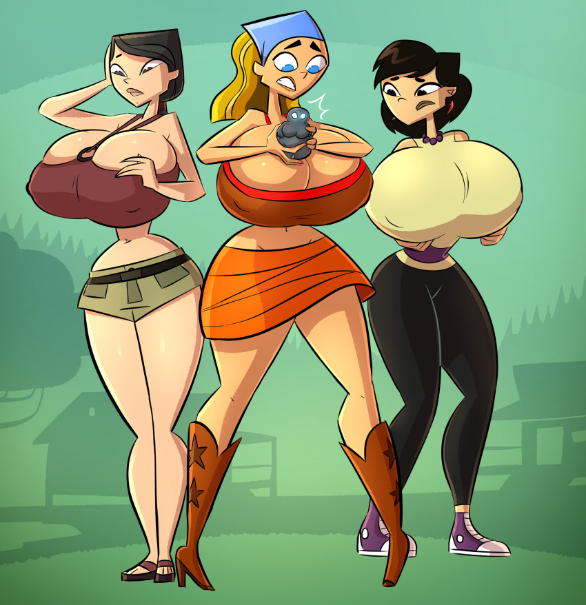 3girls black_hair blonde_hair breast_expansion caiman2 cleavage emmabrave female_only heather_(tdi) huge_breasts implied_transformation lindsay_(tdi) miniskirt pants short_shorts sky_(tdi) statue total_drama:_pahkitew_island total_drama_island wide_hips