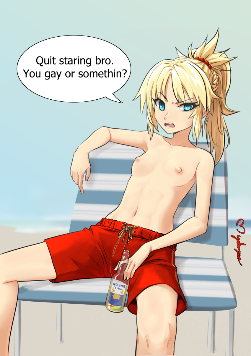 1girls beer blonde_hair bottomwear casual clothing corona_(beer) crossdressing_female dialogue fate_(series) female human male_swimwear_challenge mens_swimsuit_challenge mordred_(fate) myahogao nipples pale_skin small_breasts solo swimsuit swimwear text topless